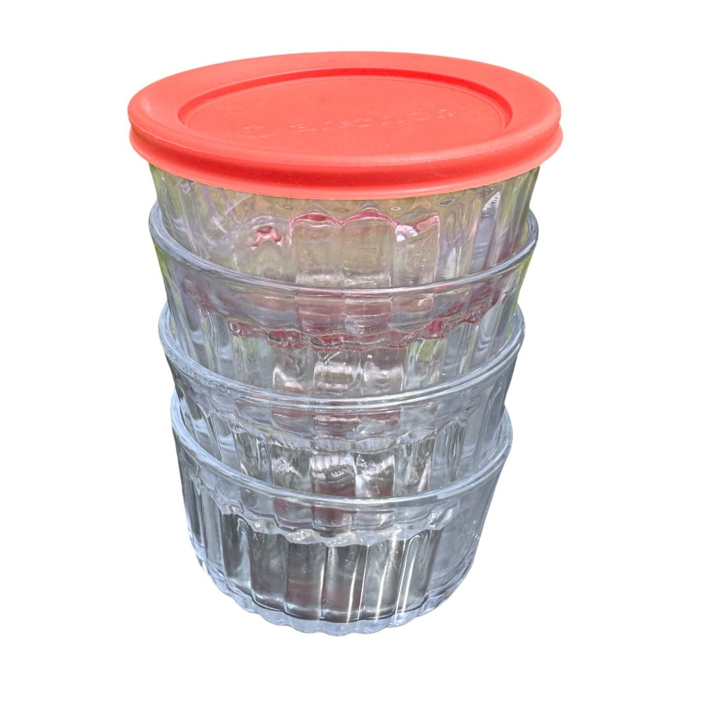 Anchor Hocking Glass 2 Cup Ribbed Prep Food Storage Bowls Red Lid Set 4 Vintage